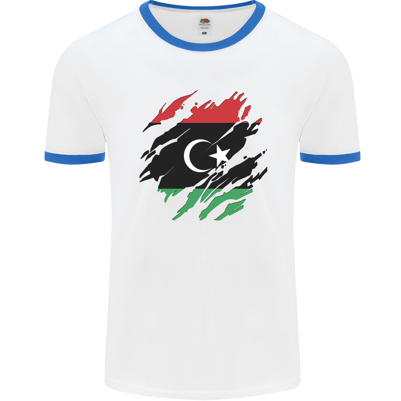 Torn Libya Flag Libyan Day Football Mens Ringer T-Shirt White/Royal Blue