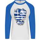 Gym The Greek Flag Ripped Muscles Greece Mens L/S Baseball T-Shirt White/Royal Blue