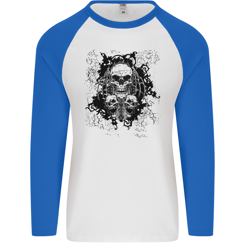 Three Skulls Demon Biker Gothic Tattoo Mens L/S Baseball T-Shirt White/Royal Blue