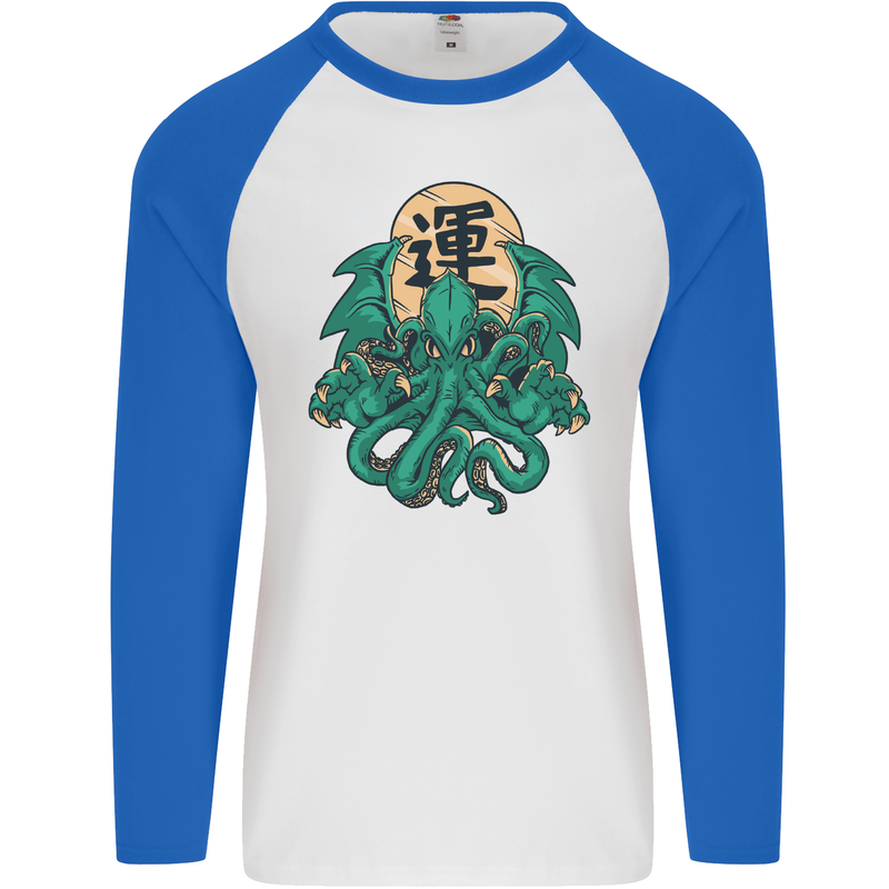 Cthulhu Monster Kraken Mens L/S Baseball T-Shirt White/Royal Blue