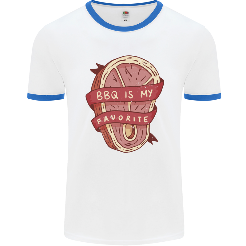 BBQ is My Favourite Funny Steak Grill Braai Mens Ringer T-Shirt White/Royal Blue