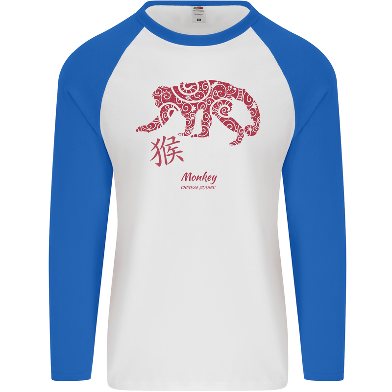 Chinese Zodiac Shengxiao Year of the Monkey Mens L/S Baseball T-Shirt White/Royal Blue