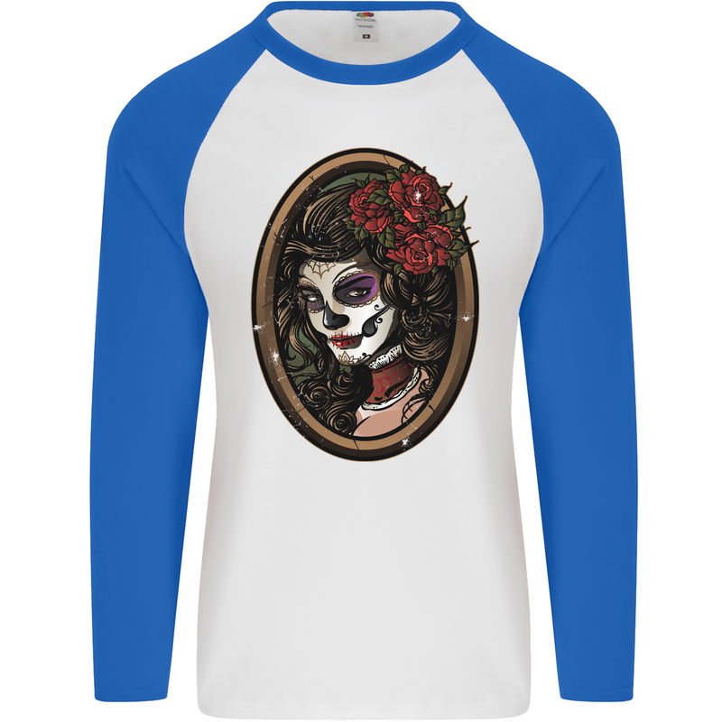 Day of the Dead La Catrina DOTD Sugar Skull Mens L/S Baseball T-Shirt White/Royal Blue