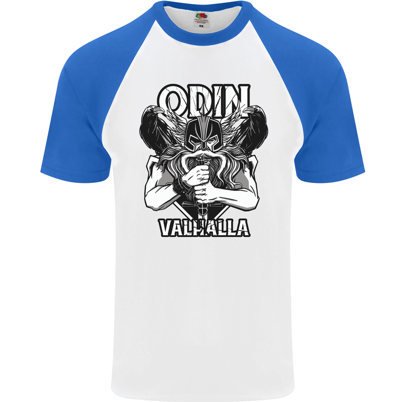Odin Valhalla Viking Warrior Mens S/S Baseball T-Shirt White/Royal Blue