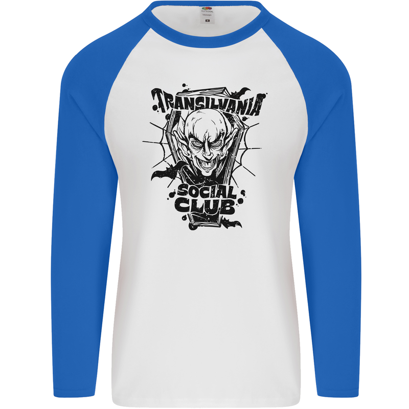 Vampires Transilvania Social Club Halloween Mens L/S Baseball T-Shirt White/Royal Blue