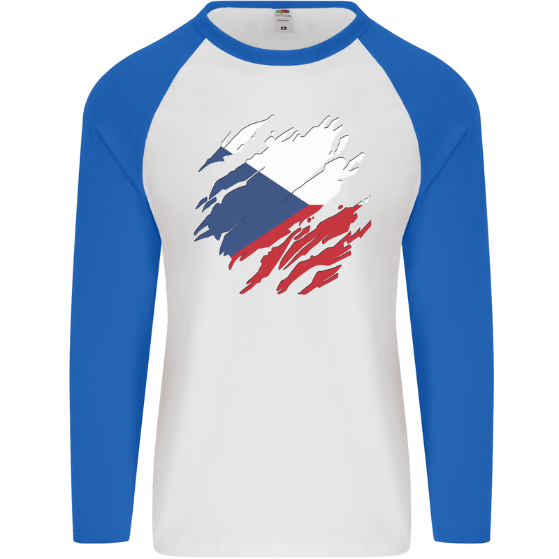 Torn Czechia Flag Czech Republic Day Football Mens L/S Baseball T-Shirt White/Royal Blue