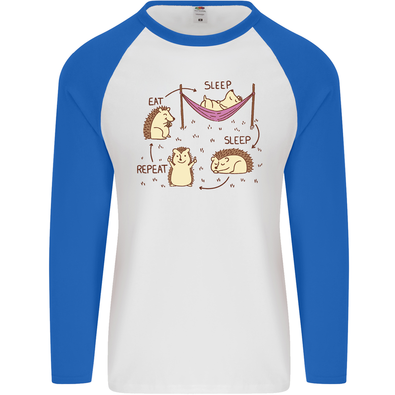Funny, Hedgehog Eat Sleep Repeat Lover Mens L/S Baseball T-Shirt White/Royal Blue