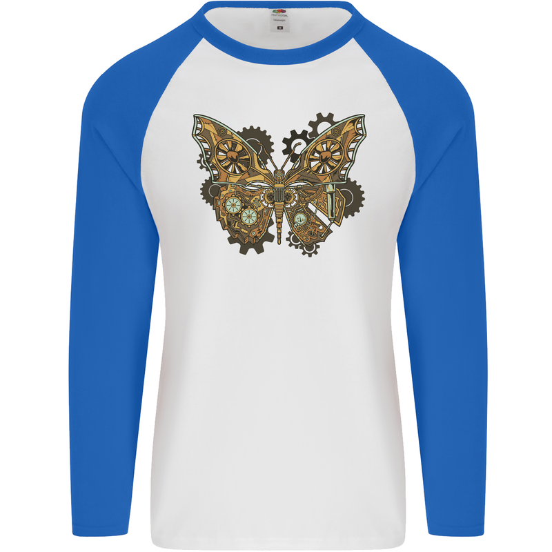 Steampunk Butterfly Butterflies Mens L/S Baseball T-Shirt White/Royal Blue