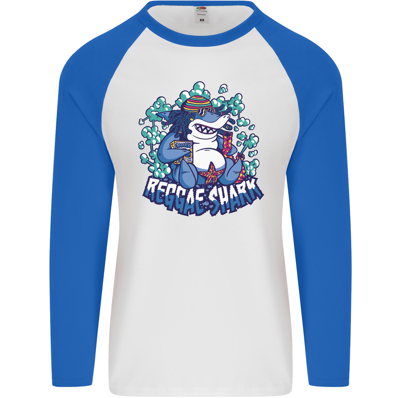 A Reggae Shark Mens L/S Baseball T-Shirt White/Royal Blue