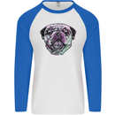 A Pug Face Dog Mens L/S Baseball T-Shirt White/Royal Blue