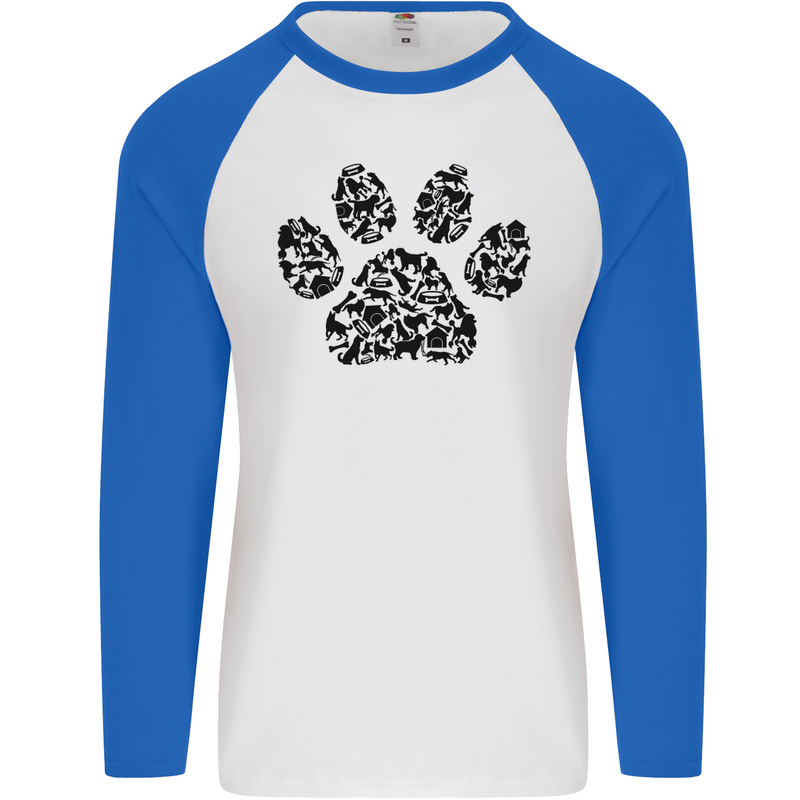 Dog Paw Print Word Art Mens L/S Baseball T-Shirt White/Royal Blue