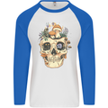 Mushroom Skull Nature Ecology Toadstool Mens L/S Baseball T-Shirt White/Royal Blue