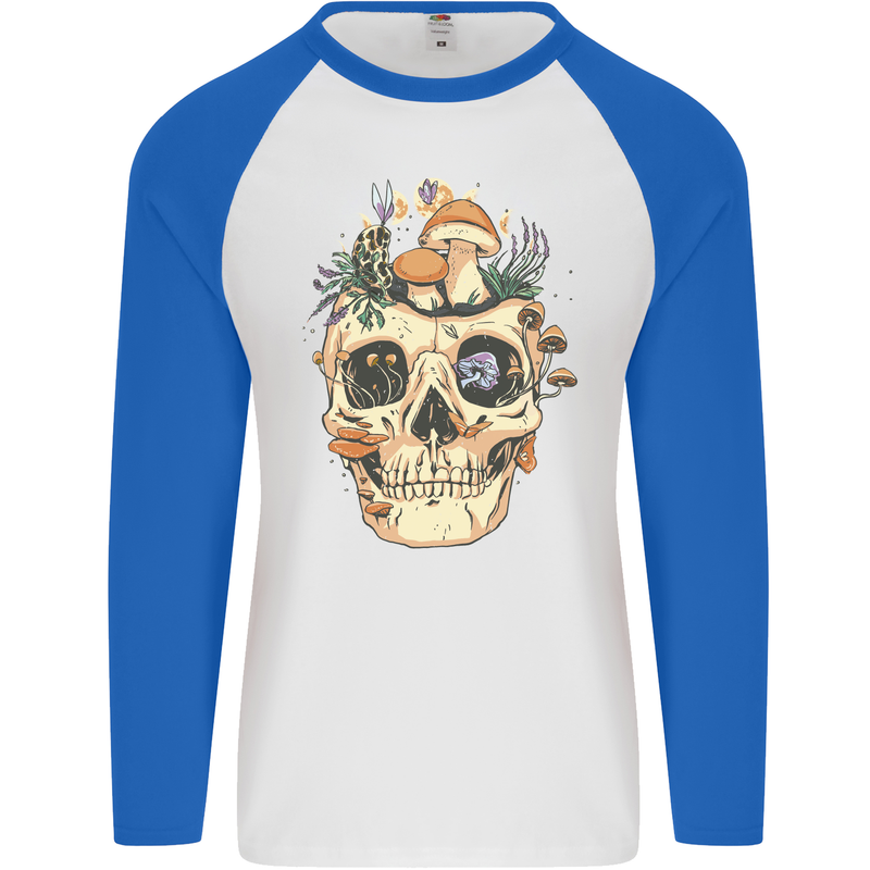 Mushroom Skull Nature Ecology Toadstool Mens L/S Baseball T-Shirt White/Royal Blue