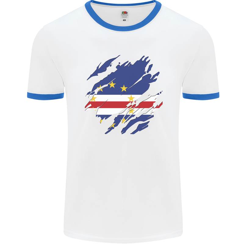 Torn Cape Verde Flag Verdean Day Football Mens Ringer T-Shirt White/Royal Blue