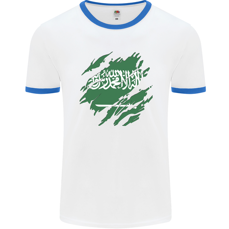 Torn Saudi Arabia Flag Arabian Day Football Mens Ringer T-Shirt White/Royal Blue