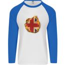 Union Jack Flag Fire Effect Great Britain Mens L/S Baseball T-Shirt White/Royal Blue