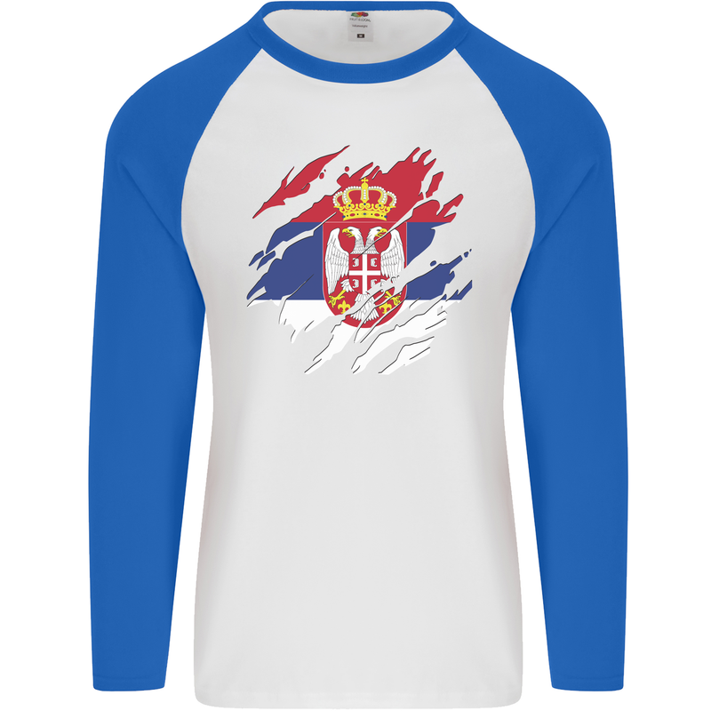 Torn Serbia Flag Serbia Day Football Mens L/S Baseball T-Shirt White/Royal Blue