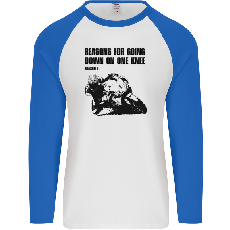 Biker Down on One Knee Motorcycle Motorbike Mens L/S Baseball T-Shirt White/Royal Blue