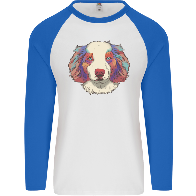 Australian Shepherd Dog Mens L/S Baseball T-Shirt White/Royal Blue