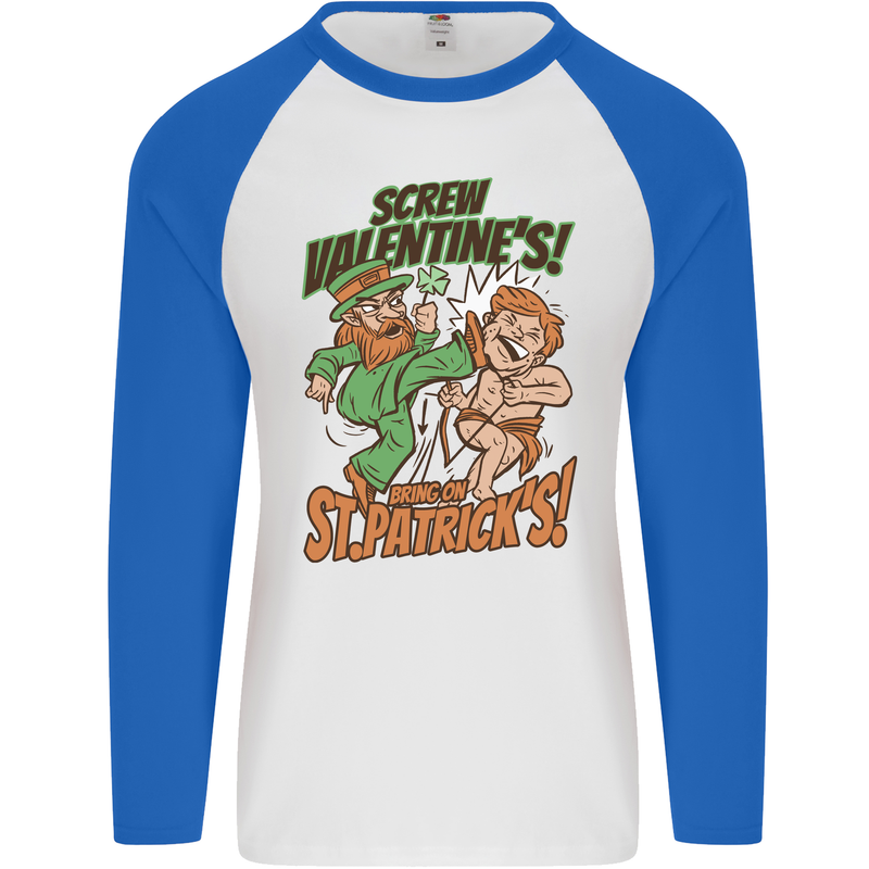 Screw Valentine's Day Funny St. Patrick's Mens L/S Baseball T-Shirt White/Royal Blue