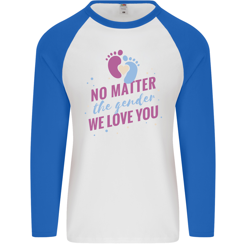 No Matter the Gender New Baby Pregnancy Pregnant Mens L/S Baseball T-Shirt White/Royal Blue