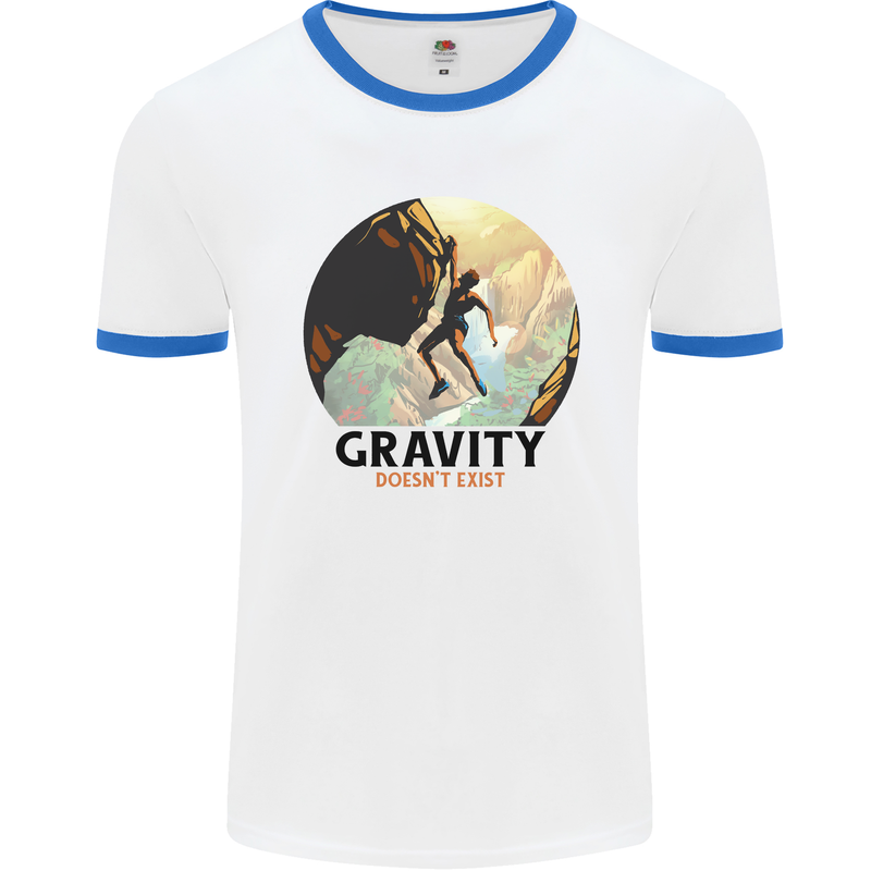 Rock Climbing Gravity Doesnt Exist Climber Mens Ringer T-Shirt White/Royal Blue