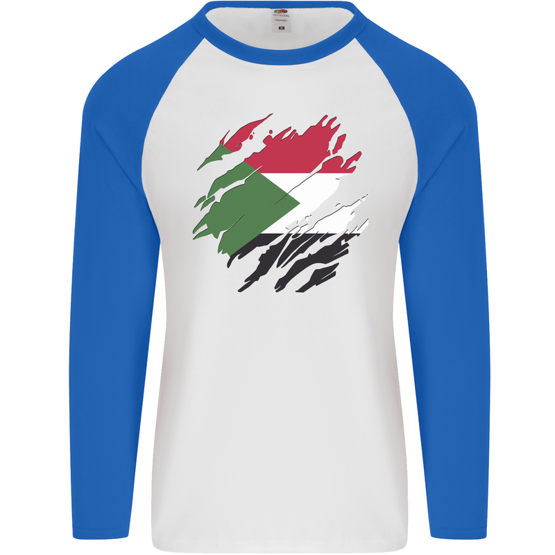 Torn Sudan Flag Sudanese Day Football Mens L/S Baseball T-Shirt White/Royal Blue