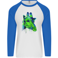 Giraffe Watercolour Mens L/S Baseball T-Shirt White/Royal Blue