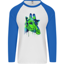 Giraffe Watercolour Mens L/S Baseball T-Shirt White/Royal Blue