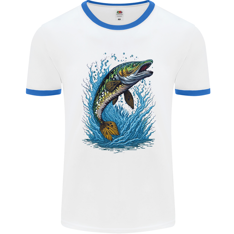 Jumping Pike Fish Fishing Fisherman Mens Ringer T-Shirt White/Royal Blue