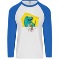 T-Rex Wrestling a Skeleton Dinosaurs Skull Mens L/S Baseball T-Shirt White/Royal Blue