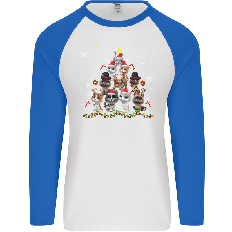 Christmas Cat Tree Funny Xmas Mens L/S Baseball T-Shirt White/Royal Blue