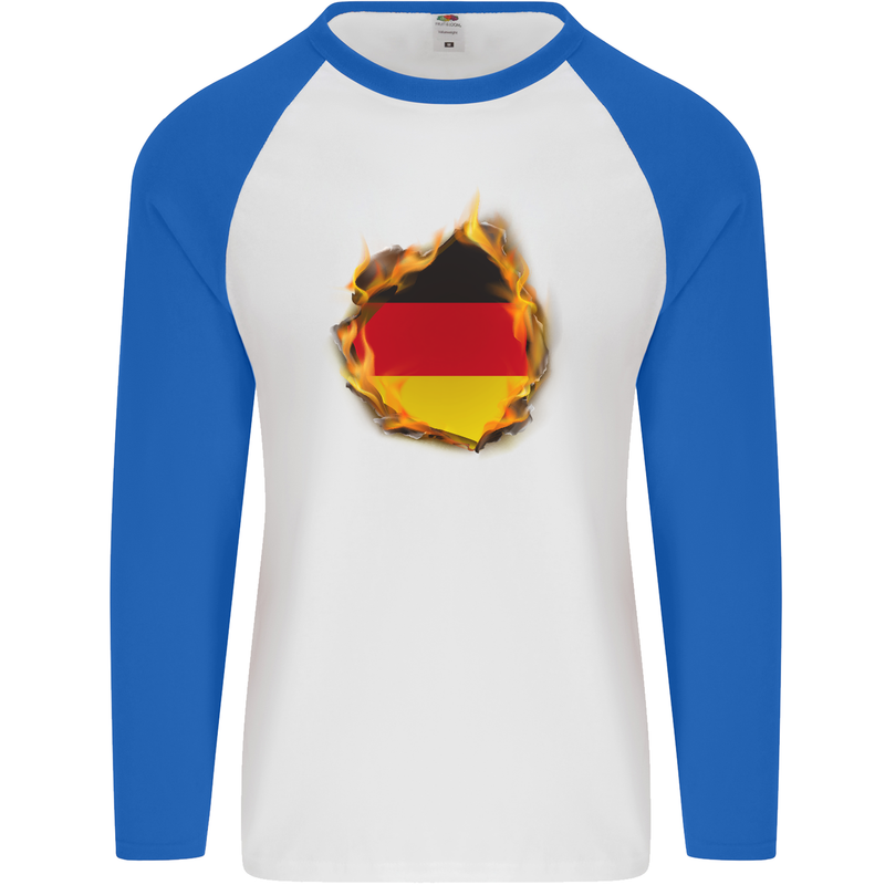 The German Flag Fire Effect Germany Mens L/S Baseball T-Shirt White/Royal Blue