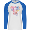 Mandala Art Elephant Contemporary Mens L/S Baseball T-Shirt White/Royal Blue