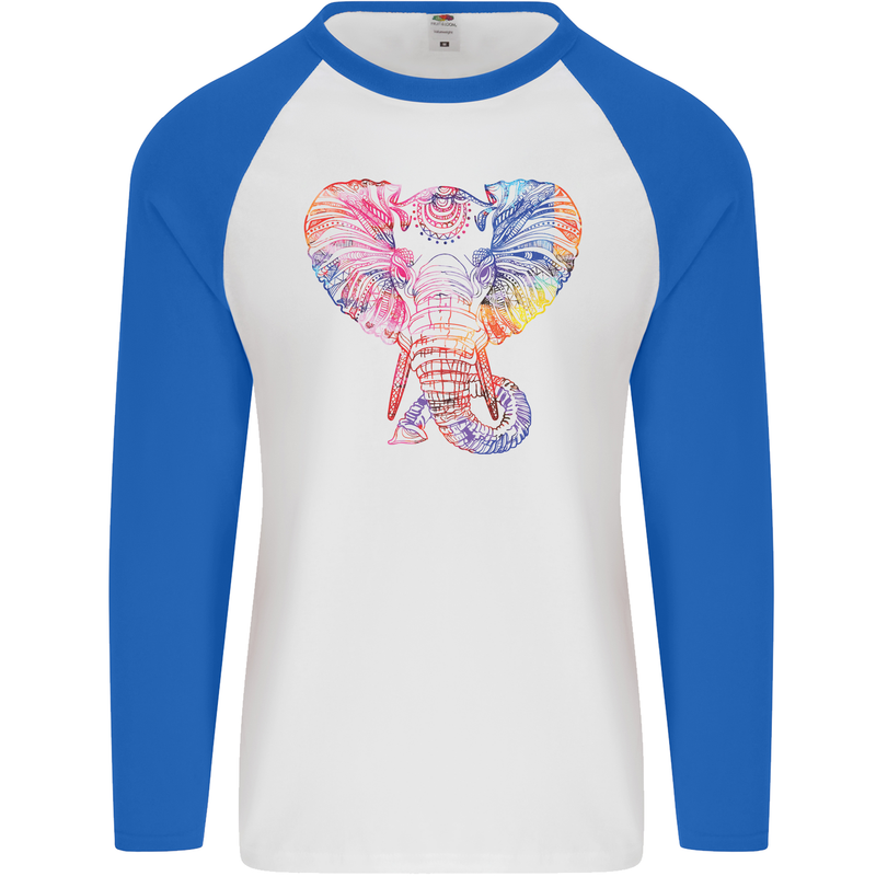 Mandala Art Elephant Contemporary Mens L/S Baseball T-Shirt White/Royal Blue