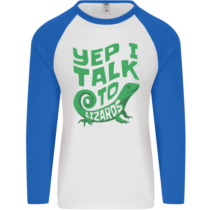 I Talk To Lizards Chameleons Bearded Dragons Mens L/S Baseball T-Shirt White/Royal Blue