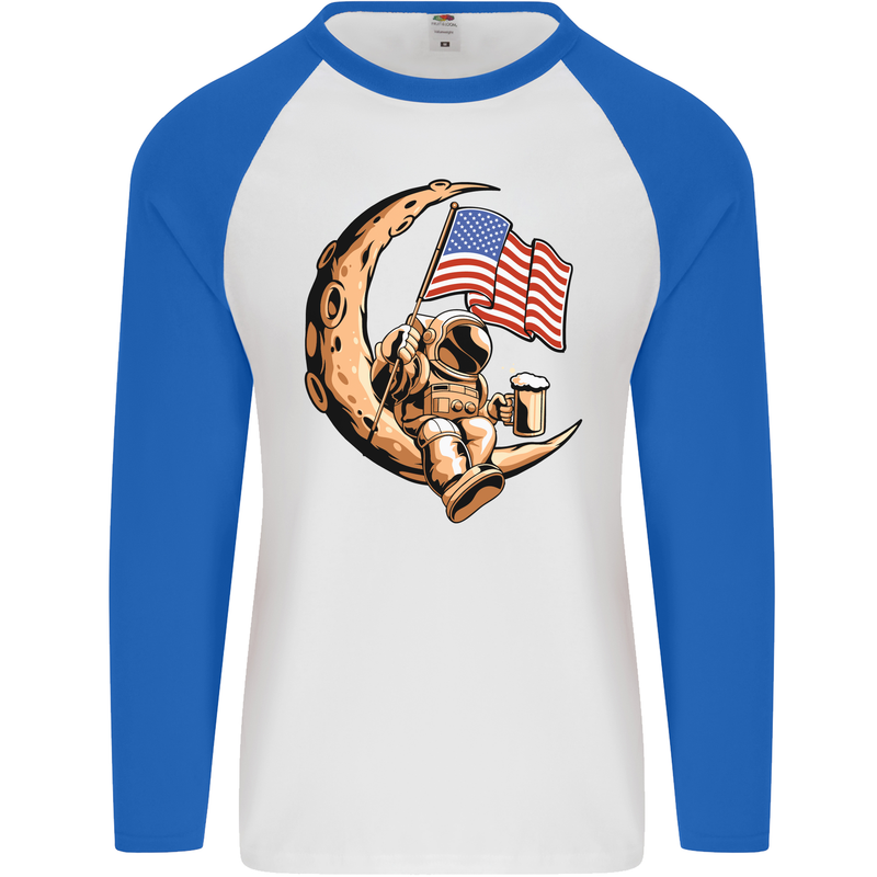 Beer Moon USA Flag Astronaut Space Alcohol Mens L/S Baseball T-Shirt White/Royal Blue