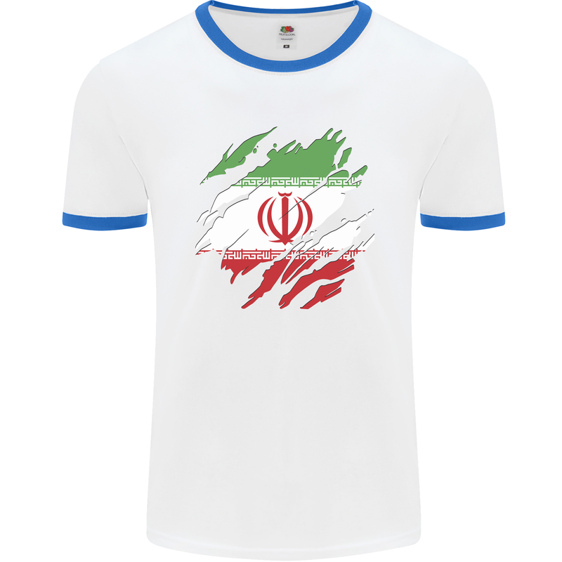 Torn Iran Flag Iranian Day Football Mens Ringer T-Shirt White/Royal Blue