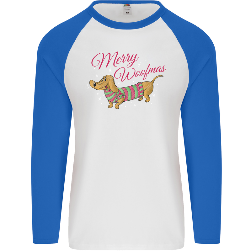 Merry Wiener Funny Christmas Dog Mens L/S Baseball T-Shirt White/Royal Blue
