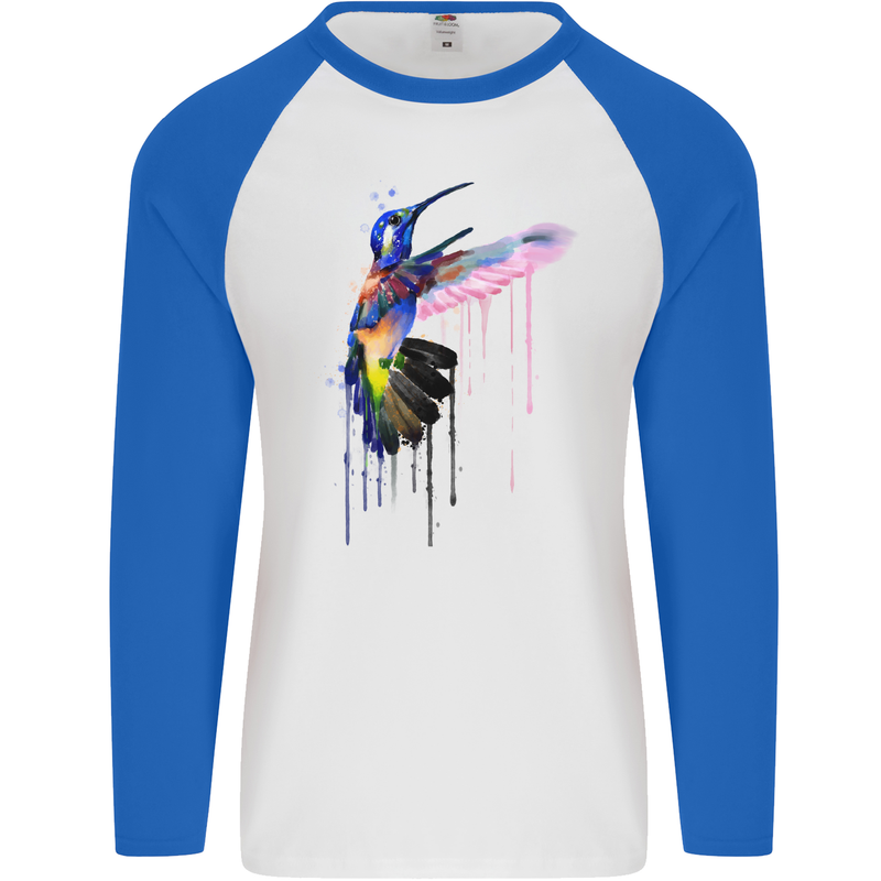 A Hummingbird Watercolour Bird Mens L/S Baseball T-Shirt White/Royal Blue