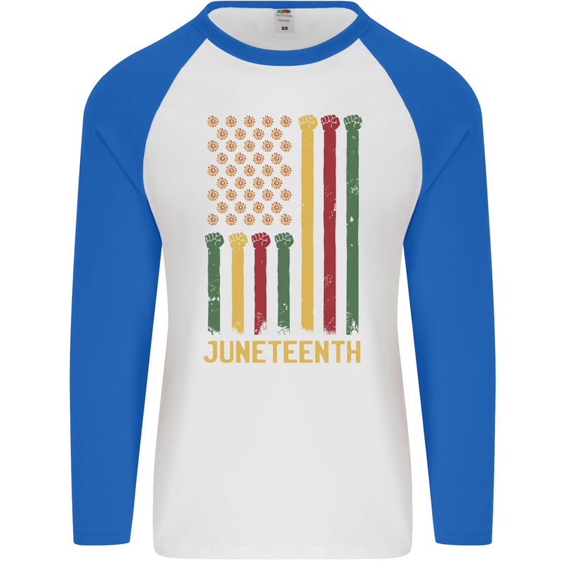 Juneteenth Black Lives Matter USA Flag Mens L/S Baseball T-Shirt White/Royal Blue