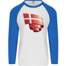 Curled Denmark Flag Danish Day Football Mens L/S Baseball T-Shirt White/Royal Blue
