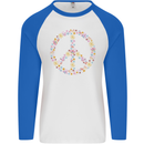 Floral Peace Symbol Hippie Love Mens L/S Baseball T-Shirt White/Royal Blue