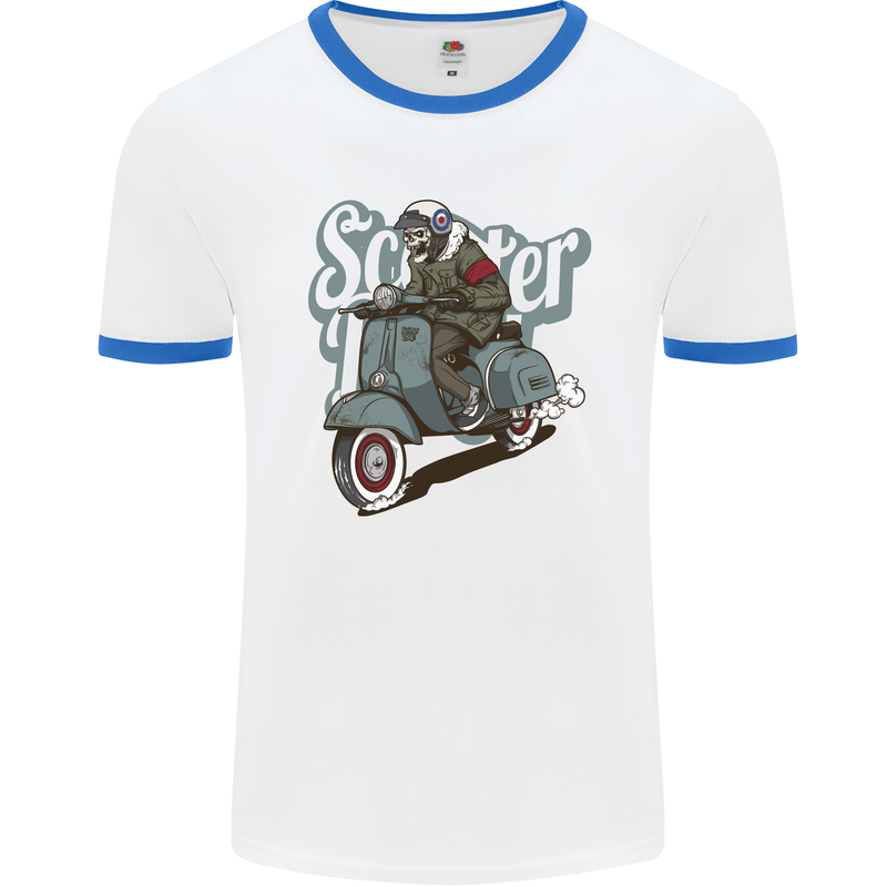 Scooter Skull Motorcycle MOD Biker Mens Ringer T-Shirt White/Royal Blue