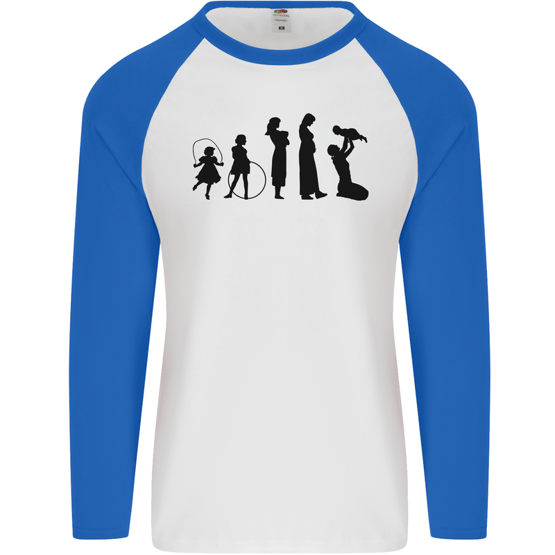 Funny Child to Mother Evolution Mothers Day Mens L/S Baseball T-Shirt White/Royal Blue