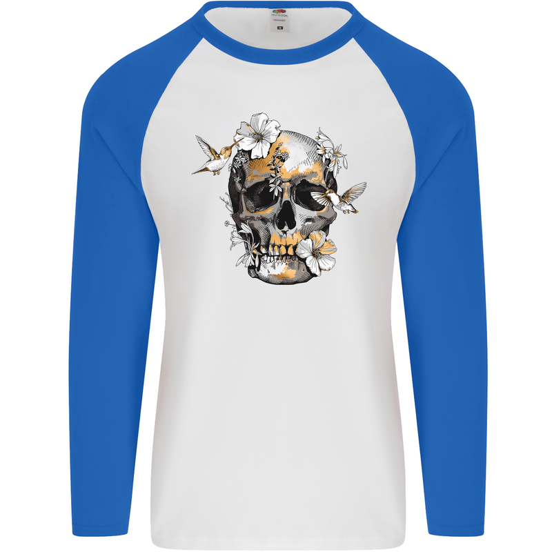 Wildlife Spring Skull Mens L/S Baseball T-Shirt White/Royal Blue