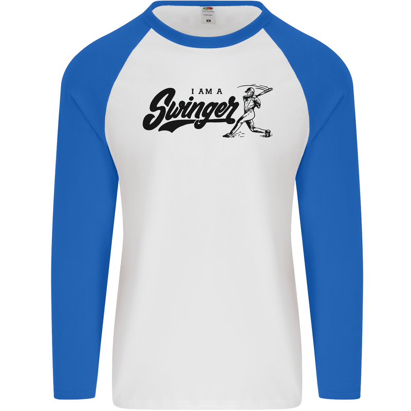 Swinger Funny Baseball Softball Mens L/S Baseball T-Shirt White/Royal Blue