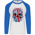 Union Jack Flag Skull Gym MMA Biker Mens L/S Baseball T-Shirt White/Royal Blue