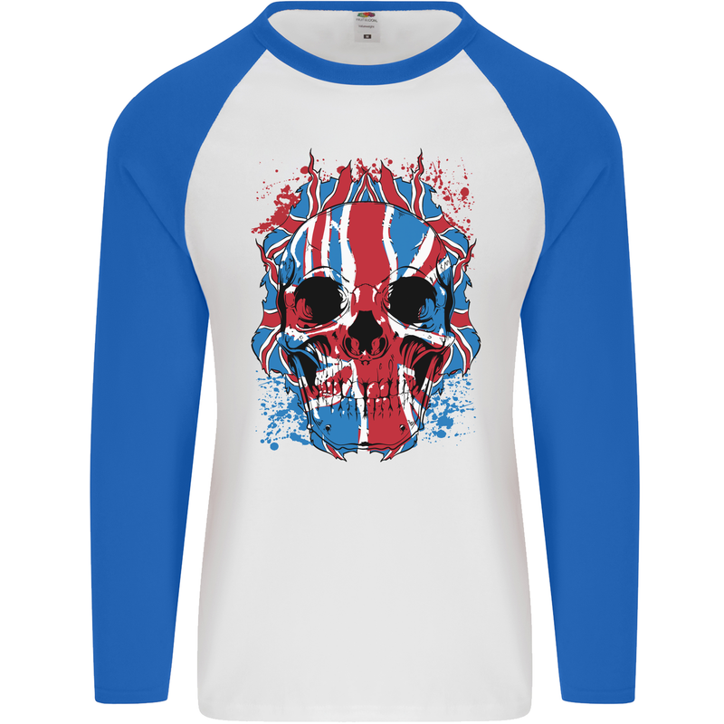 Union Jack Flag Skull Gym MMA Biker Mens L/S Baseball T-Shirt White/Royal Blue