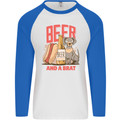 Beer and a Brat Funny Dog Alcohol Hotdog Mens L/S Baseball T-Shirt White/Royal Blue